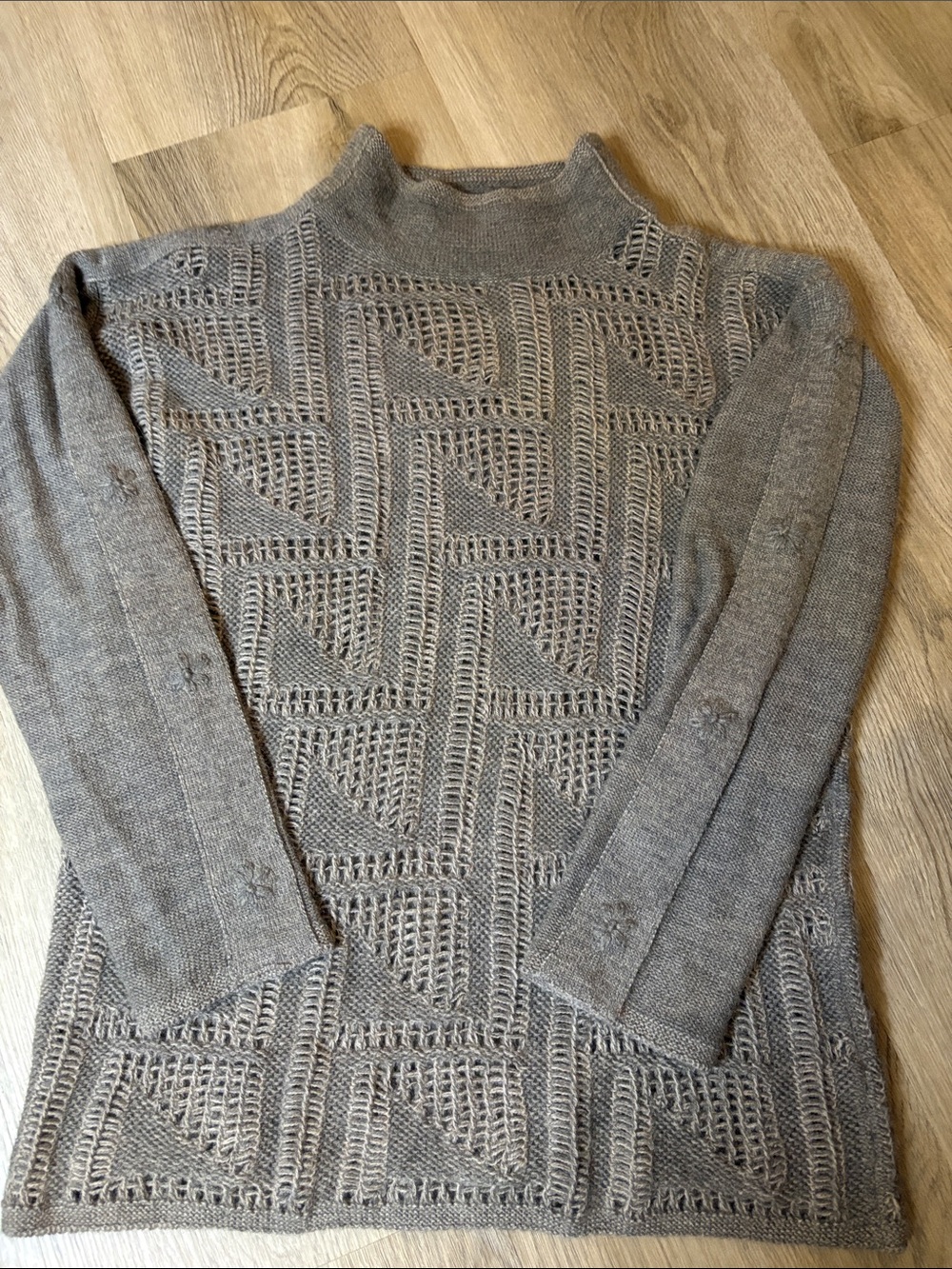 Sol Alpaca Geometric Mock Neck Sweater 100% Baby Alpaca Gray Brown Small cozy